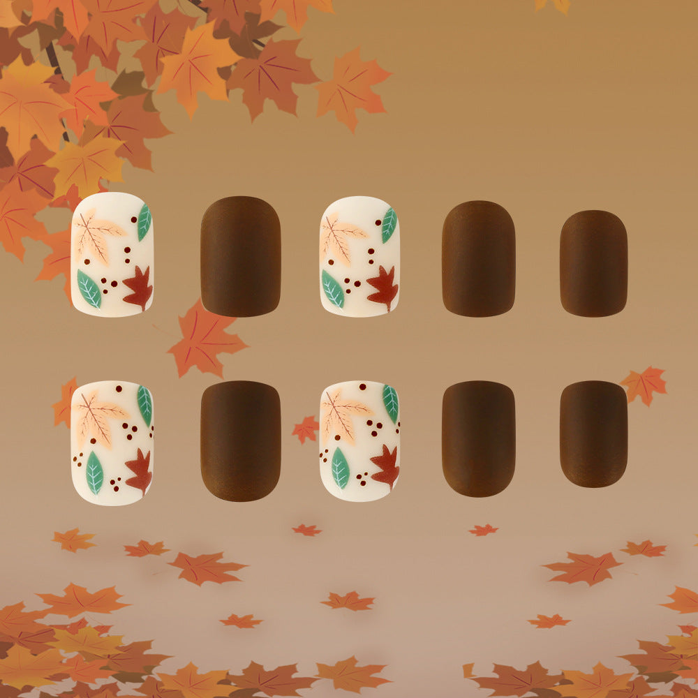 Autumn Breeze Short Square Brown and Cream Nails with Leaf Design