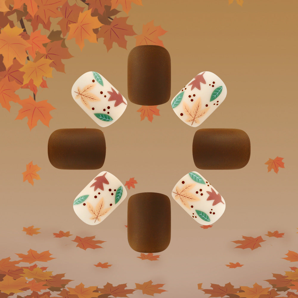 Autumn Elegance Cozy Short Square Brown and Cream Leaf Design Press-On Nail Set