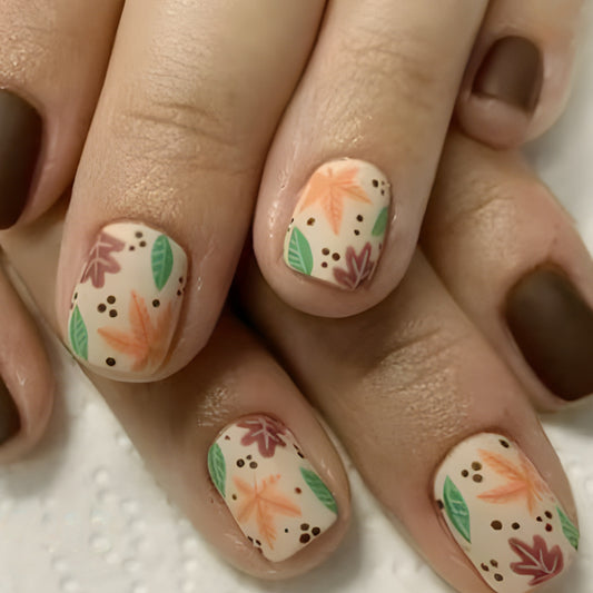 Autumn Bliss Short Square Brown and Cream Press On Nail Set with Floral Design