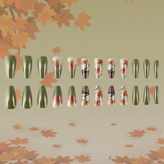 Autumn Harvest Long Coffin Olive Green Press on Nails with Floral Art and Glitter Accents