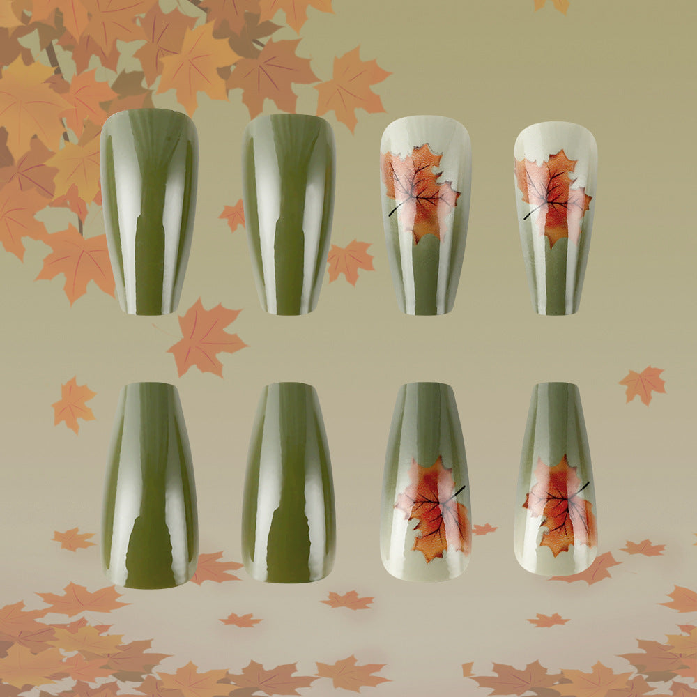 Autumn Bliss Long Coffin Green Press On Nail Set with Leaf Design