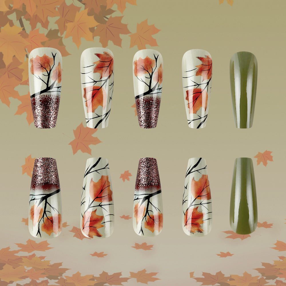 Autumn Elegance Long Coffin Orange and Green Gradient with Sparkling Accents Press On Nail Set