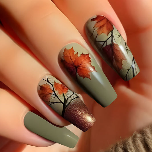 Autumn Elegance Long Coffin Olive Green with Stunning Fall Leaf Design Press On Nail Set