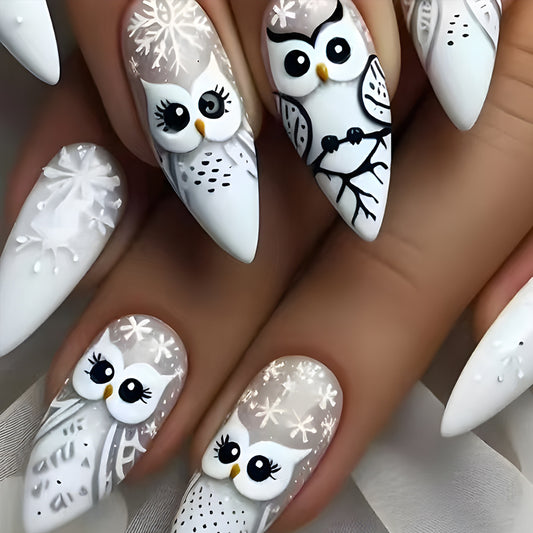 Winter Wonderland White Medium Stiletto Nail Set with Adorable Owl Designs and Snowflake Accents