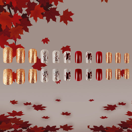 Autumn Bliss Shimmering Gold and Deep Red Medium Square Press-On Nail Set with Leaf Designs