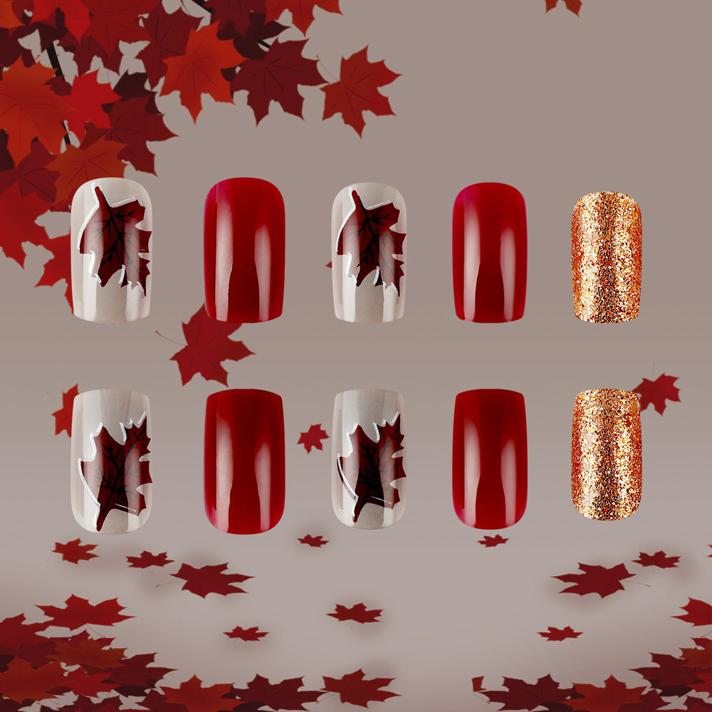 Autumn Elegance Glossy Red and White Medium Square Press on Nail Set with Glittery Leaf Design