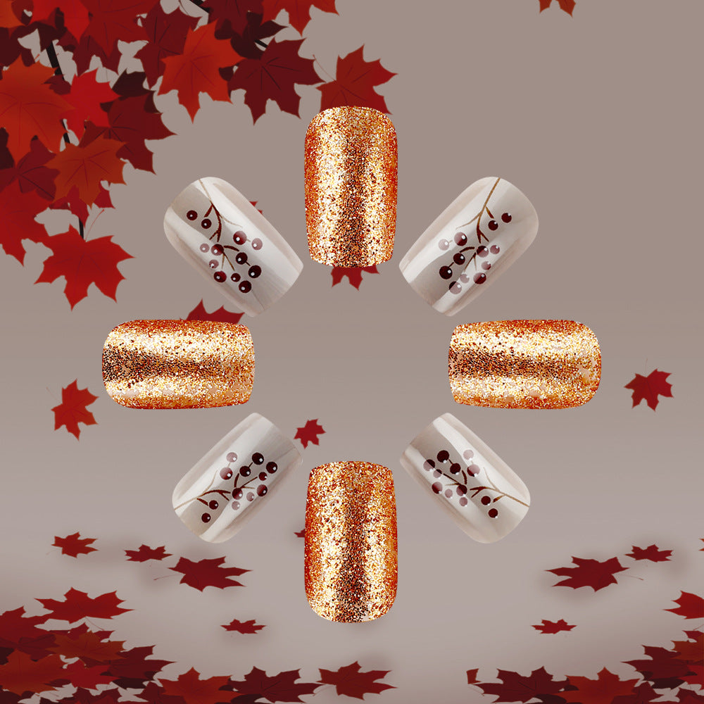 Autumn Elegance Press On Nail Set Medium Square Shape Golden Glitter and Delicate Berry Accent