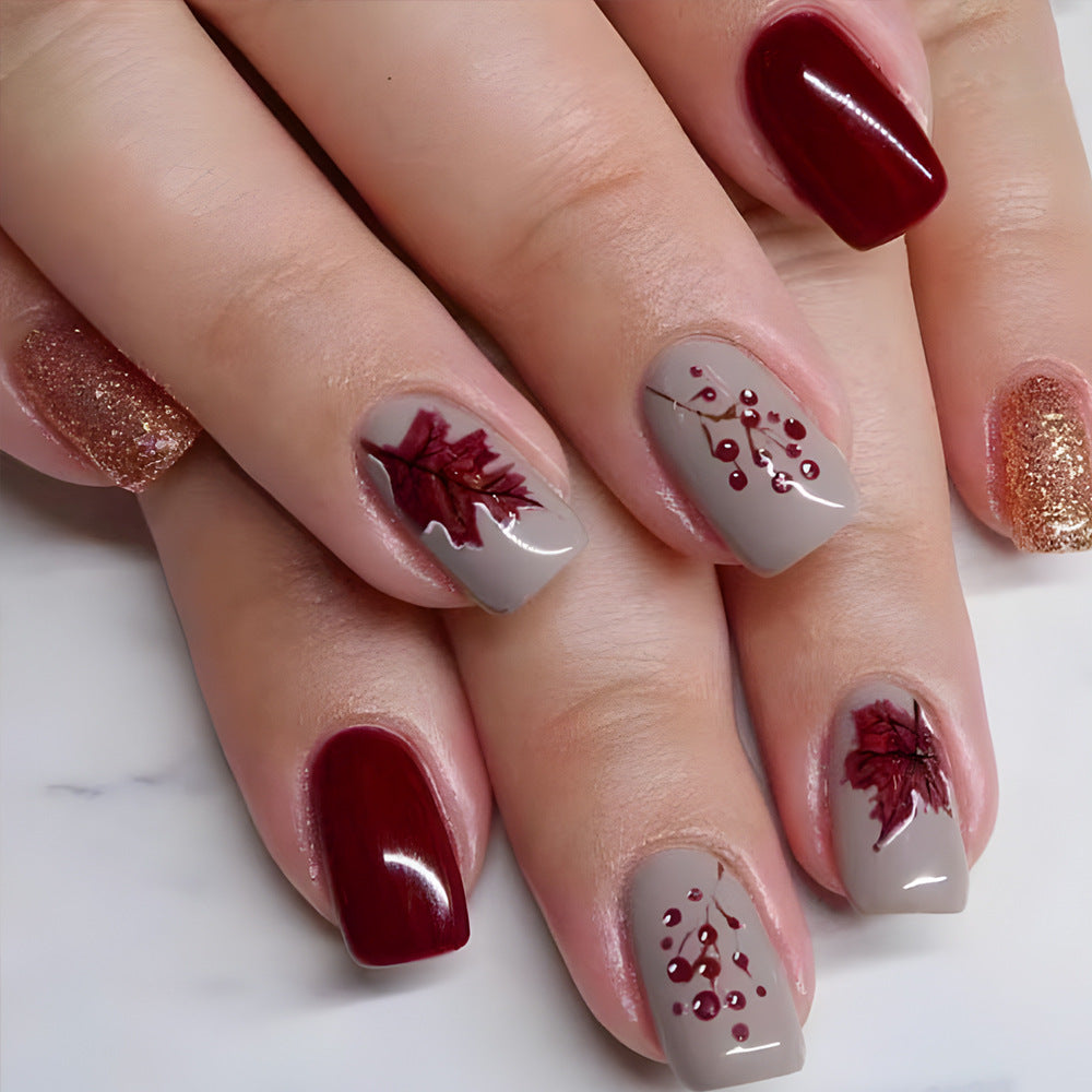 Autumn Elegance Medium Square Rich Burgundy and Earthy Beige with Leaf and Berry Design Nail Set