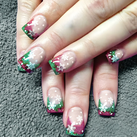 Winter Wonderland Short Square Green and Red Gradient Press On Nail Set with Festive Snowflake Design