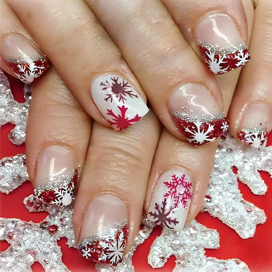 Winter Wonderland Short Square Red and White Snowflake Press-On Nail Set with Glitter Detail