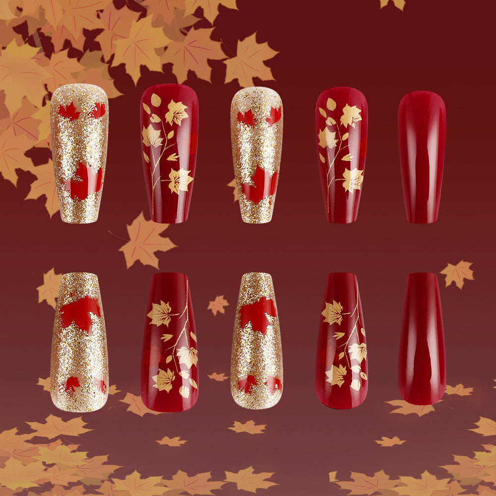 Autumn Elegance Long Coffin Red with Gold Glitter and Leaf Design Press On Nails Set