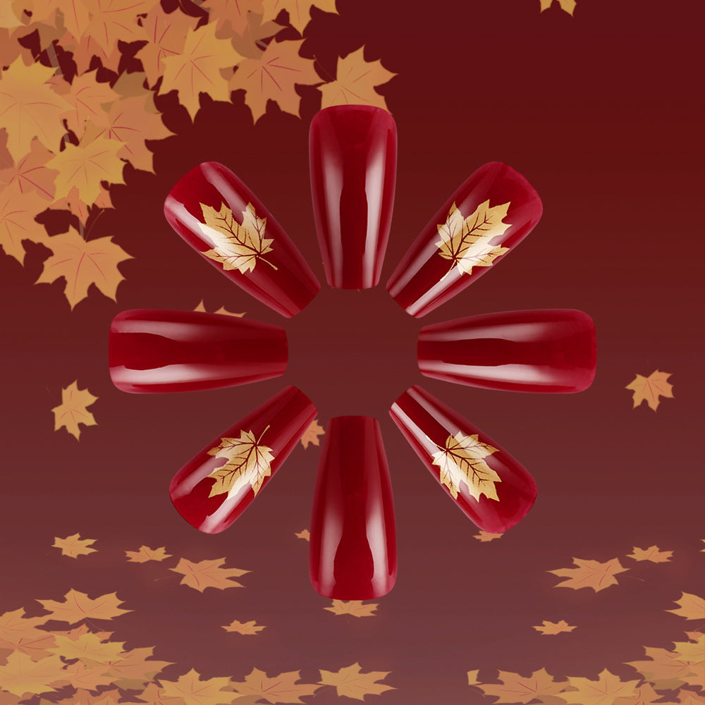 Autumn Elegance Long Coffin Deep Red Press-On Nail Set with Golden Leaf Accents