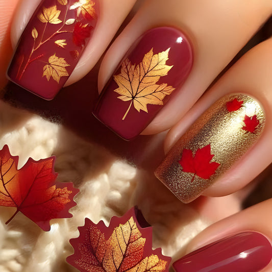 Autumn Elegance Medium Square Burgundy Nails with Golden Leaf Accents and Matte Finish