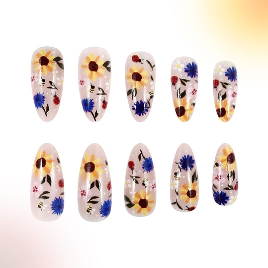 Botanical Bliss Long Almond Shaped Transparent Floral Press on Nails with Vibrant Sunflower and Bee Design