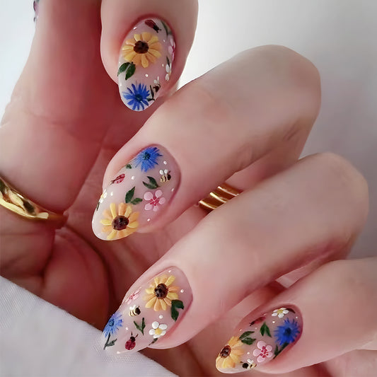 Whimsical Wildflower Medium Almond Shaped Transparent Floral Press-On Nail Set