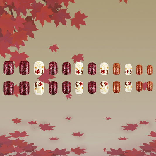 Autumn Elegance Short Square Burgundy and Gold Glitter Press on Nail Set with Leaf Design