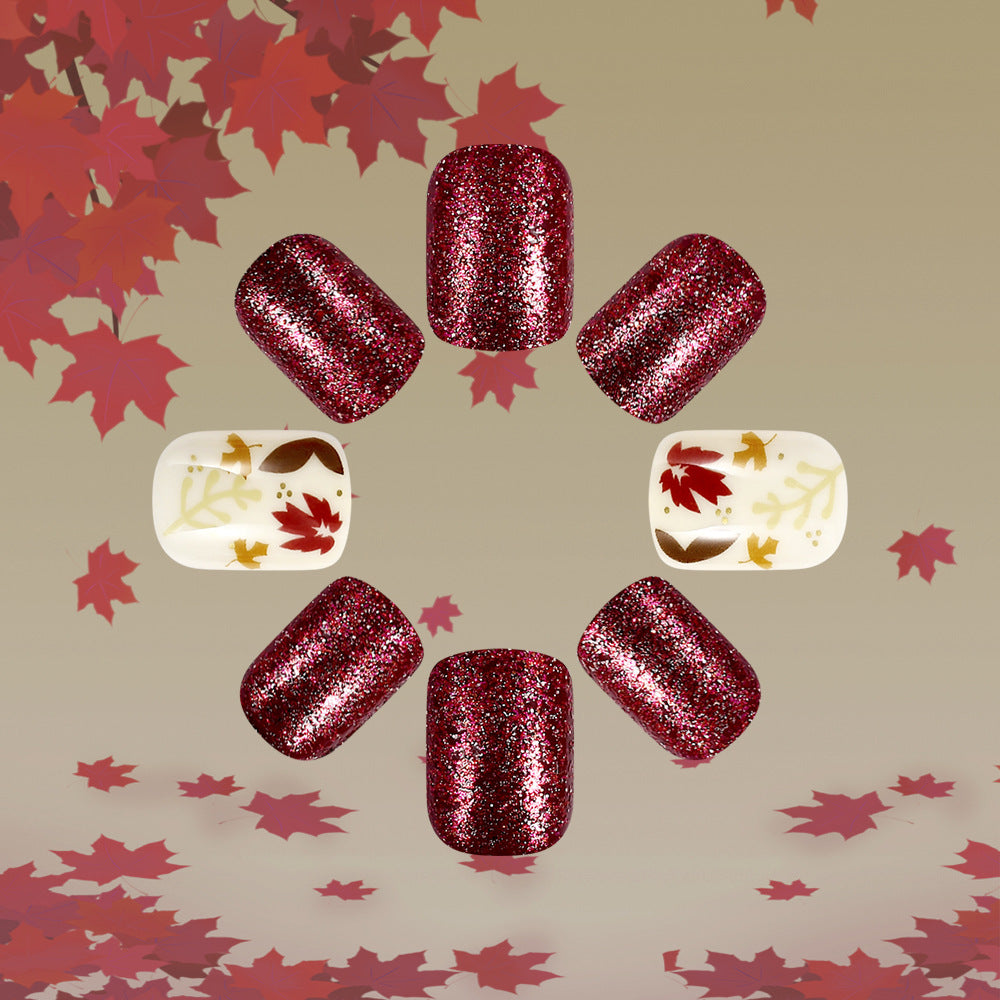 Autumn Elegance Short Square Burgundy Glitter Press-On Nail Set Featuring Delicate Leaf Designs