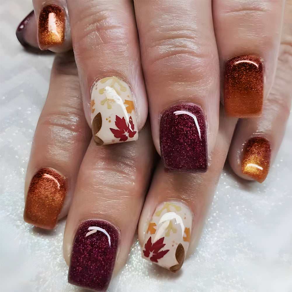 Autumn Elegance Short Square Press On Nail Set in Warm Copper and Deep Burgundy with Leafy Accents