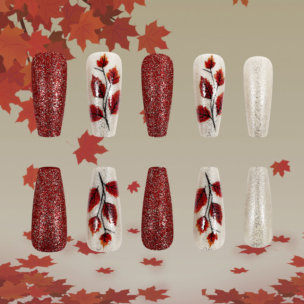 Autumn Elegance Long Coffin Red and Sparkly Press On Nail Set with Leaf Art Design