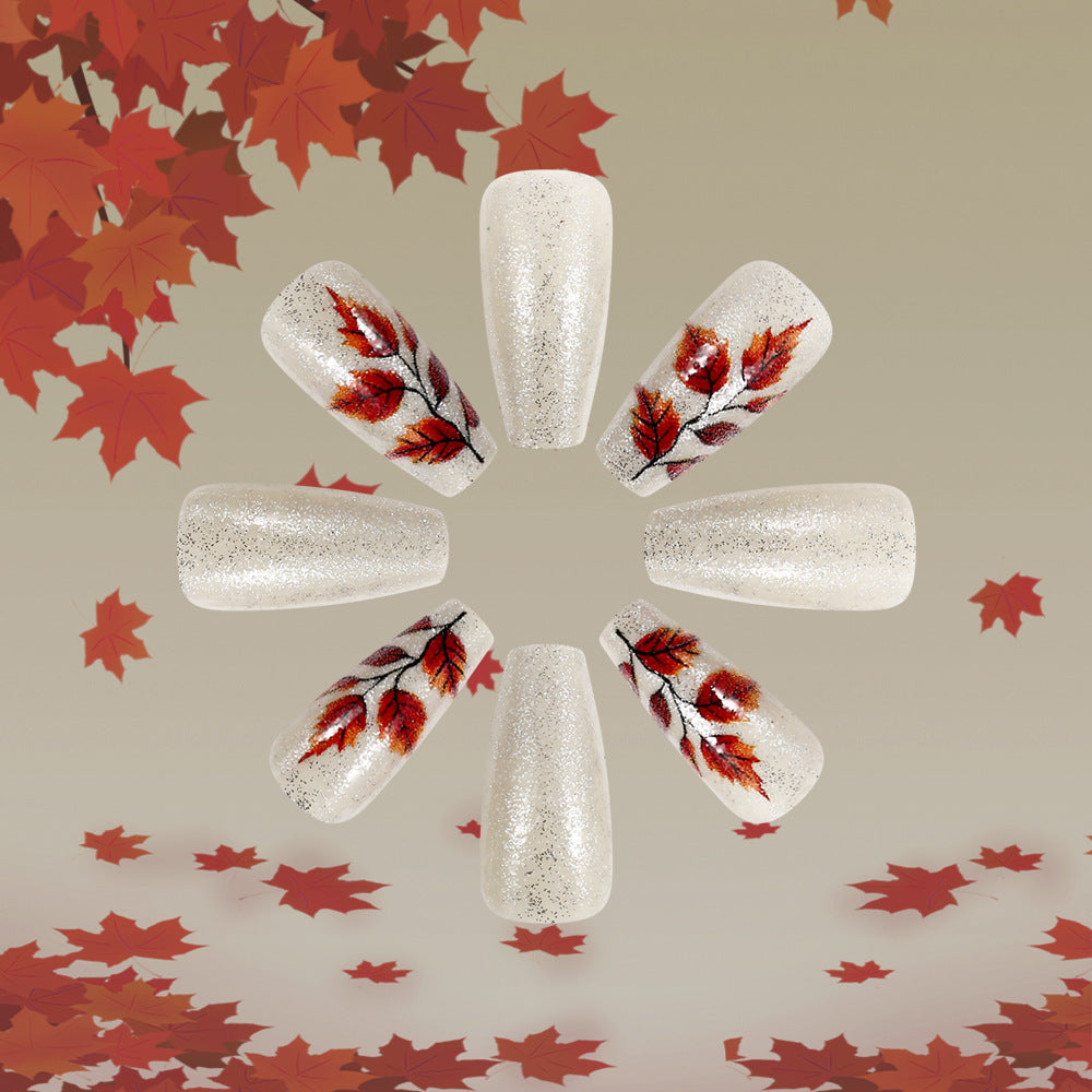 Autumn Elegance Long Coffin White Glitter with Fall Leaf Detailing Press On Nail Set