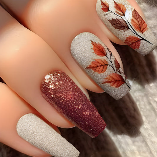 Autumn Elegance Long Coffin Matte Beige and Shimmering Burgundy with Leaf Designs Press On Nail Set