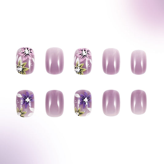 Whimsical Garden Short Round Lavender Press On Nail Set with Floral Glitter Accents