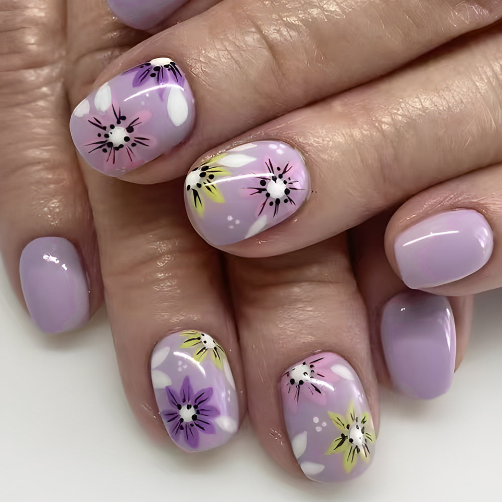 Botanical Bliss Lavender Short Squarel Floral Press On Nail Set with Glossy Finish