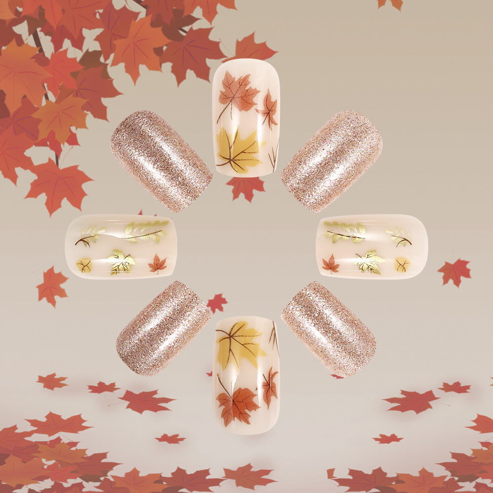 Autumn Elegance Glossy Short Square Rose Gold and Cream Leaf Press-On Nail Set