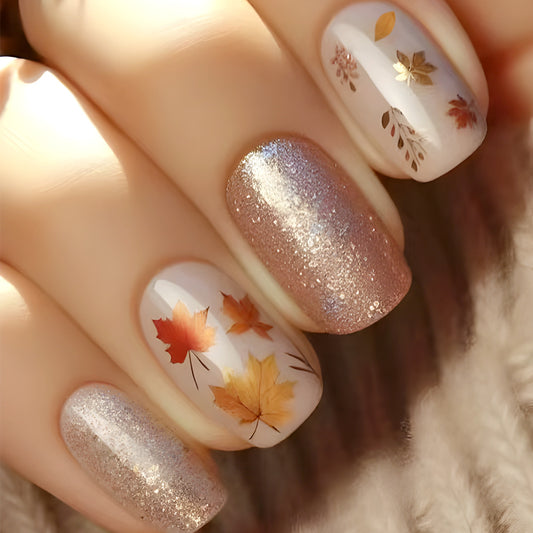 Autumn Elegance Short Squoval Glittering Rose Gold and Ivory Press On Nail Set with Leaf Accents