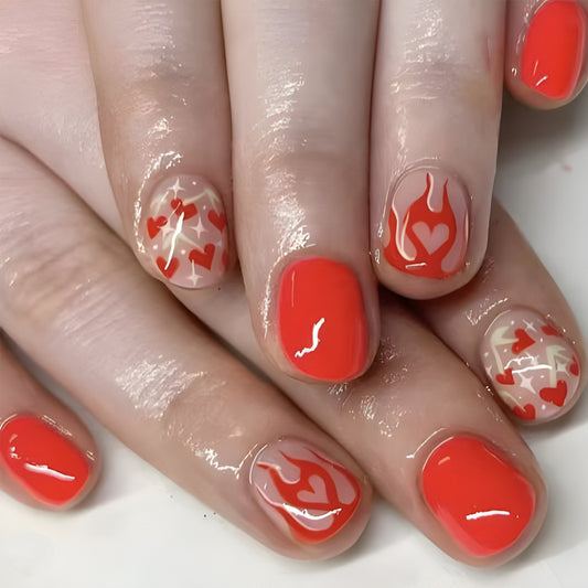 Romantic Fire Heart Shaped Bright Orange Short Squoval Press On Nail Set with Glittering Love Design