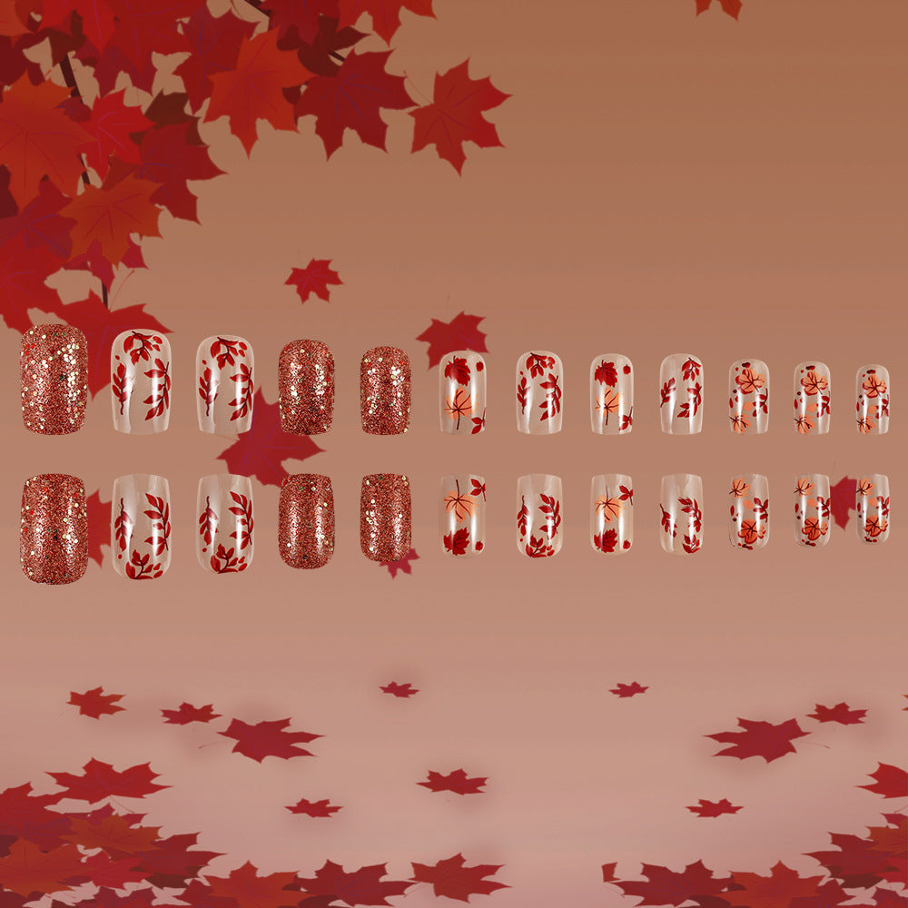 Autumn Blossom Short Square Transparent Red Nail Set with Glitter and Leaf Designs