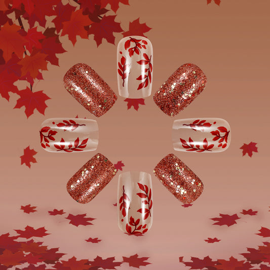 Autumn Elegance Medium Almond Shape Rose Gold Glitter Press On Nail Set with Leaf Design