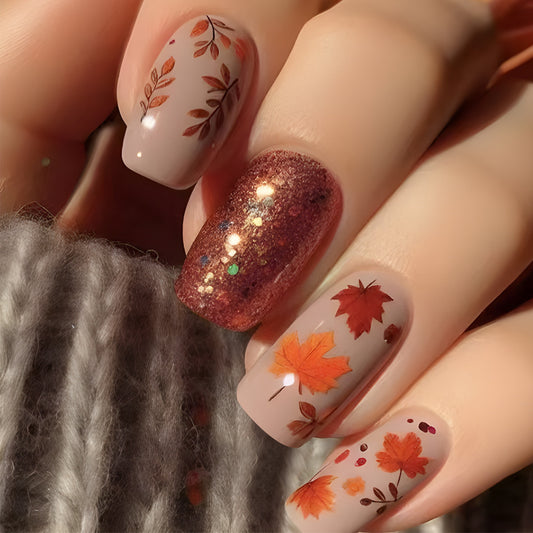 Autumn Elegance Short Square Soft Beige with Glitter and Leaf Designs Press-On Nail Set