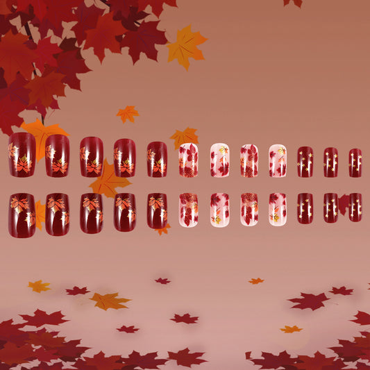 Autumn Elegance Short Square Red with Golden Leaf Design Press On Nail Set