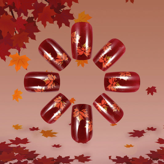 Autumn Elegance Short Square Burgundy Press-On Nail Set Featuring Vibrant Maple Leaf Designs