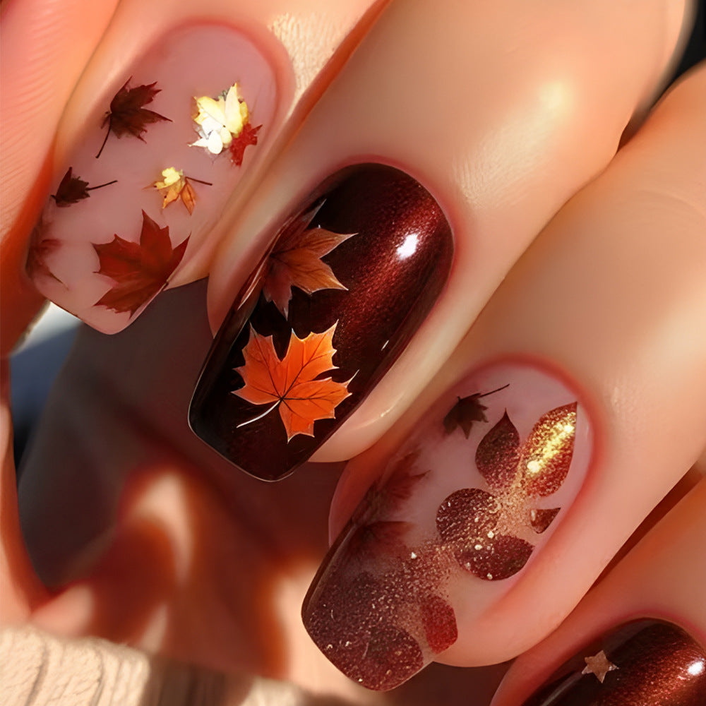 Autumn Elegance Short Coffin Burgundy Press On Nail Set with Leaf Accents and Glitter Overlay