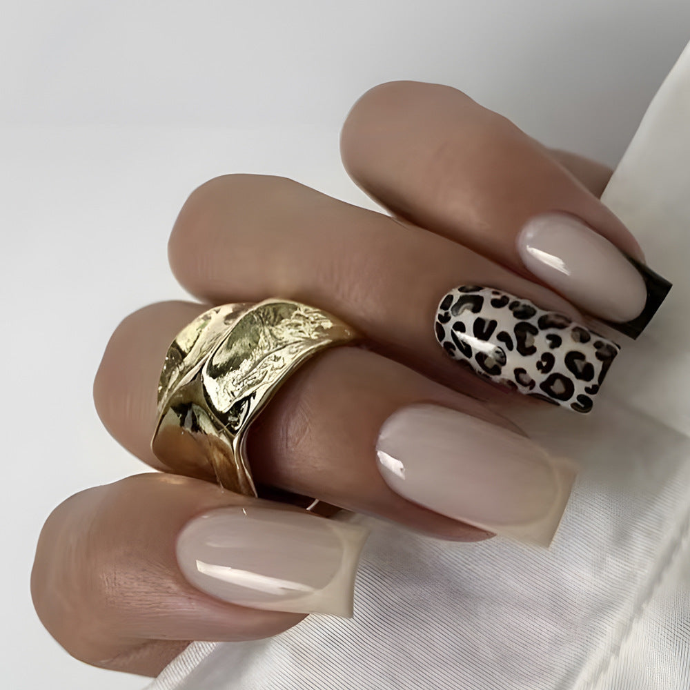 Savannah Chic Long Square Transparent Beige with Bold Leopard Accent Press on Nail Set