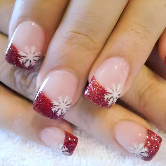 Winter Wonderland Short Square Glitter Ombre Red Press On Nail Set with White Snowflake Design