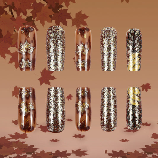 Autumn Elegance Glitter Press On Nail Set Long Coffin Transparent Brown with Charming Gold Leaf Accents