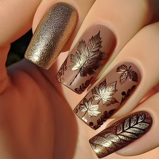 Autumn Elegance Long Square Shaped Bronze and Brown Press On Nail Set with Leaf Imprint Design