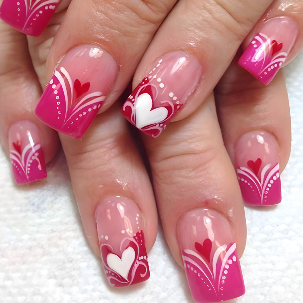 Romantic Delight Medium Square Pink Press On Nail Set with Heart and Floral Design