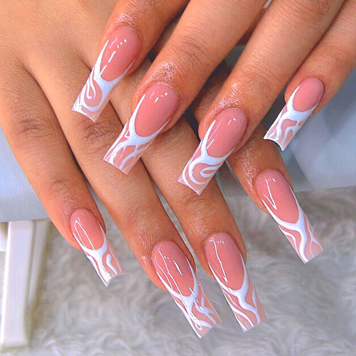 Glamorous Chic Long Square Pink and White Marble Press On Nail Set