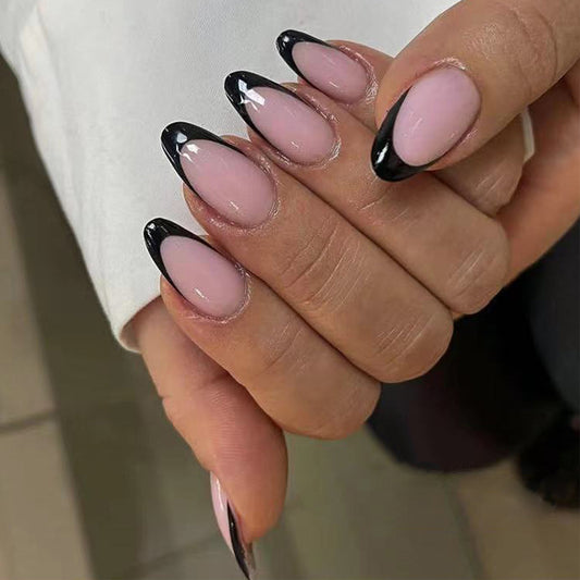 Elegant Noir Almond Shaped French Press On Long Nails Pink and Black with Glossy Finish