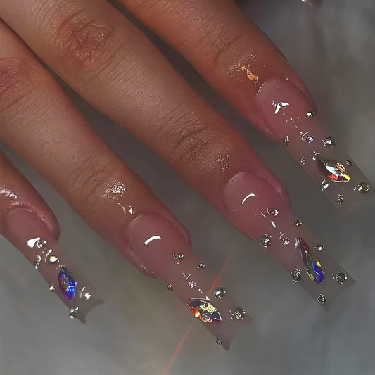 Glamorous Enchantment Long Square Clear Press On Nail Set with Dazzling Rhinestone Accents