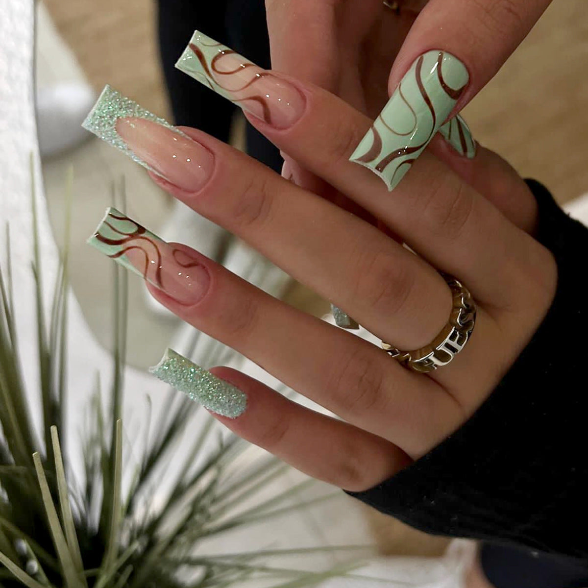 Mint Dream Escape Long Square Press On Nail Set with Glitter and Wave Design