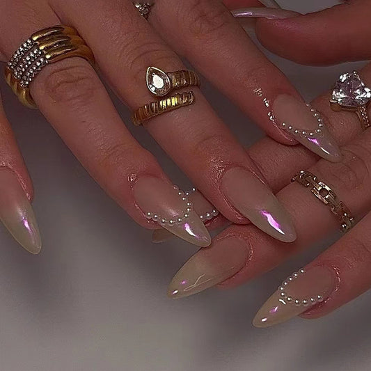 Glamorous Pearl Adorned Long Almond Beige Press On Nail Set with Iridescent Shine