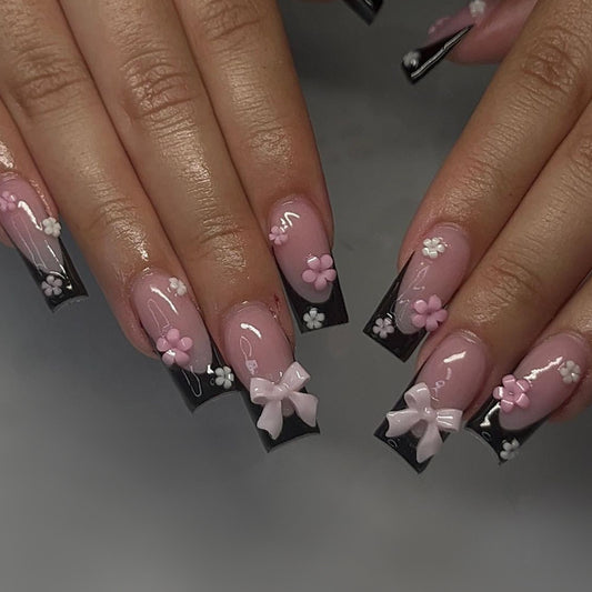 Chic Floral Bliss Long Square Press On Nail Set Pink and Black with 3D Bow and Flower Accents