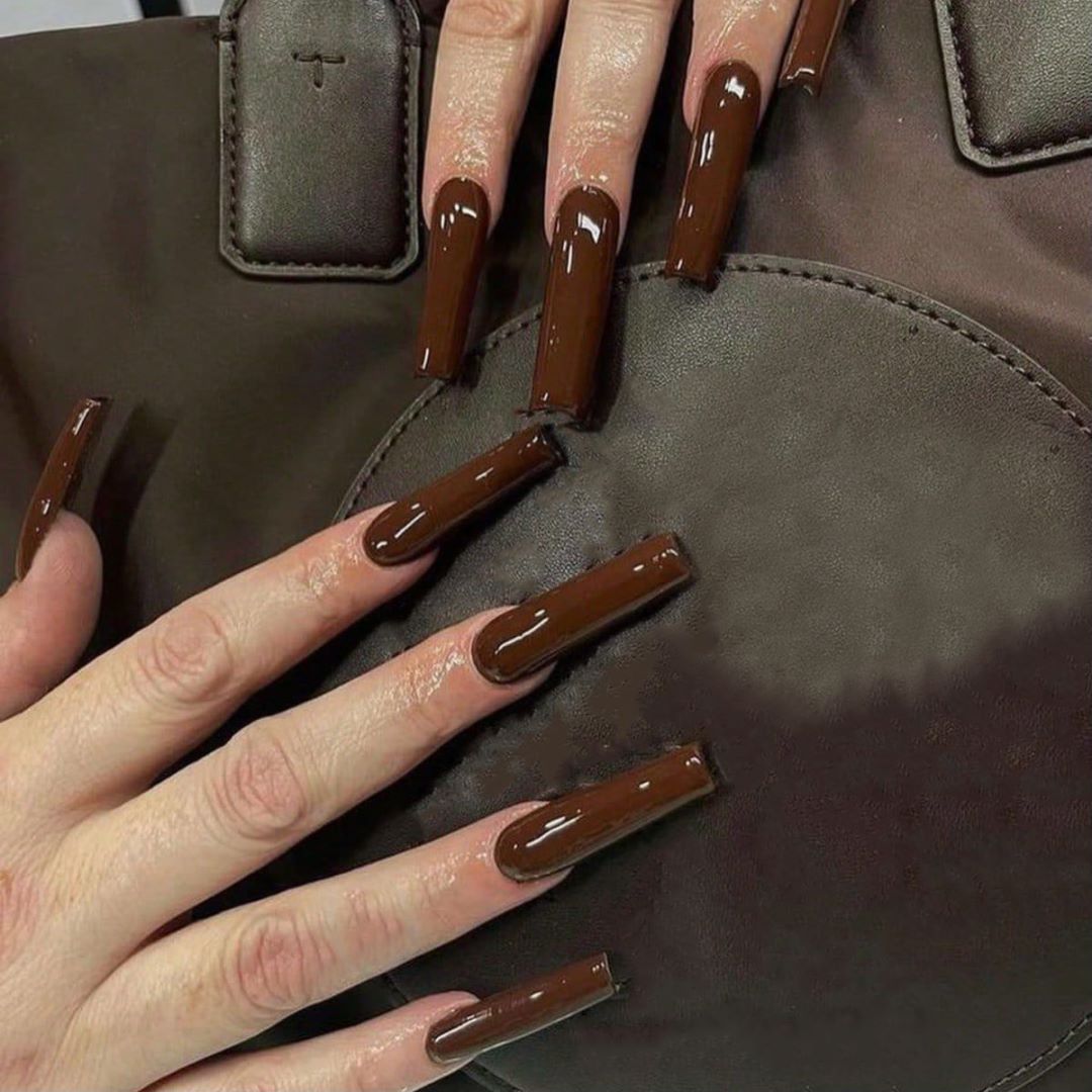 Chocolate Delight Long Square Chocolate Brown Press On Nail Set with Glossy Finish