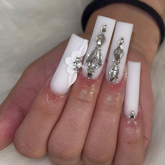 Elegant Garden White Extra Long Square Press On Nail Set with Floral and Gemstone Accents