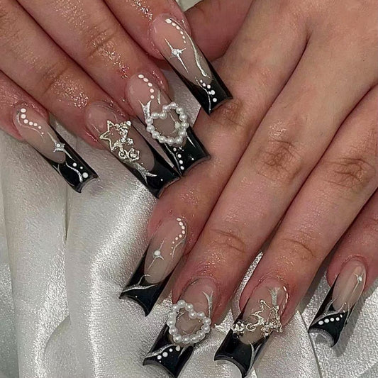 Elegant Night Sky Long Square Black and Beige Press On Nail Set with Pearl and Star Accents